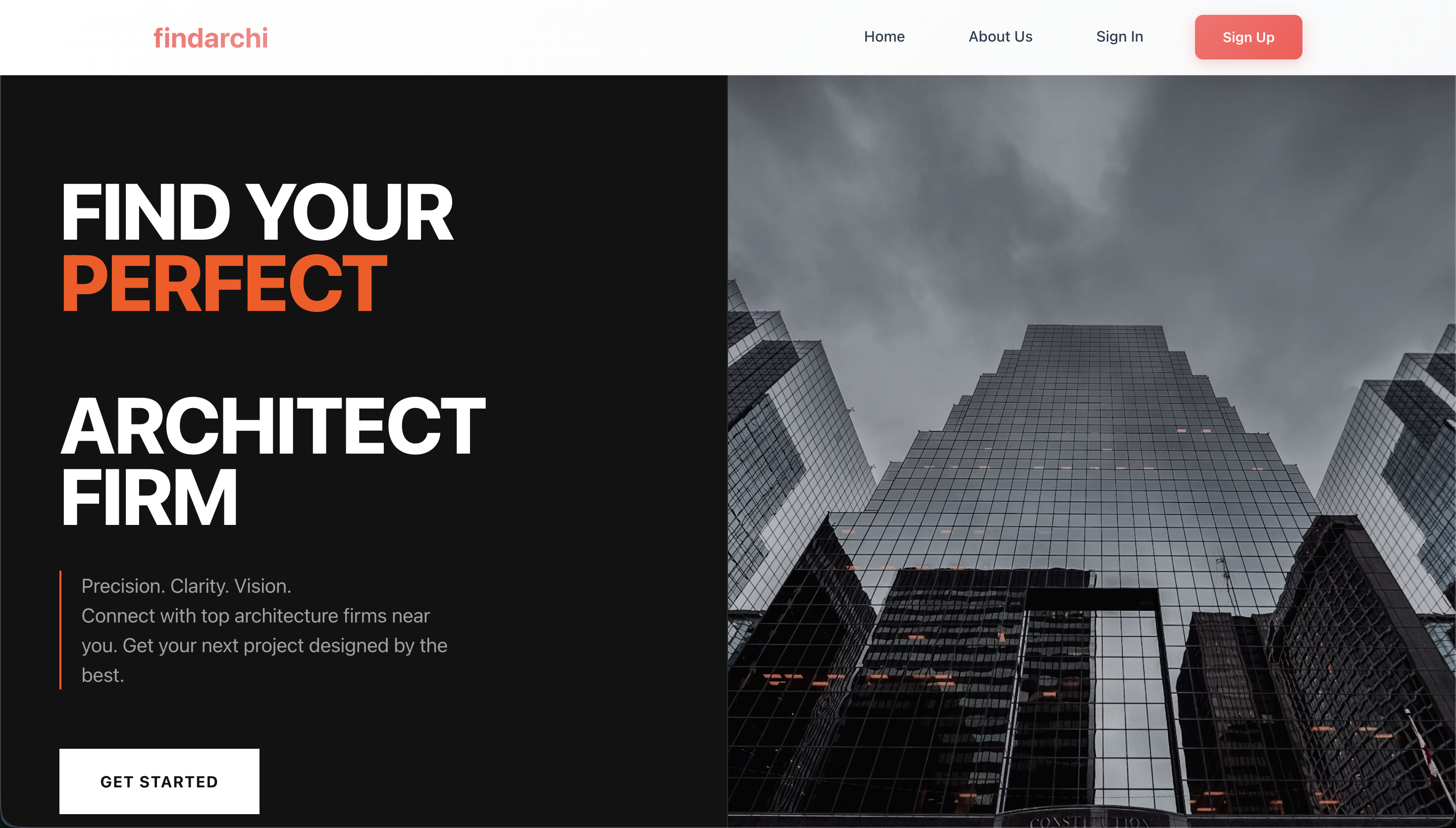 FindArchi landing page with architecture firm matching headline.